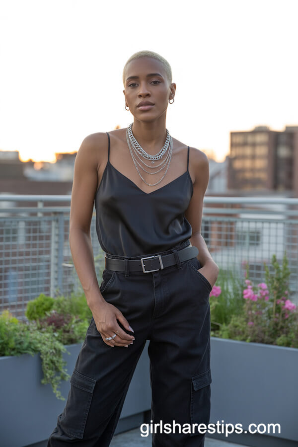 Satin Cami and Black Cargo Pants