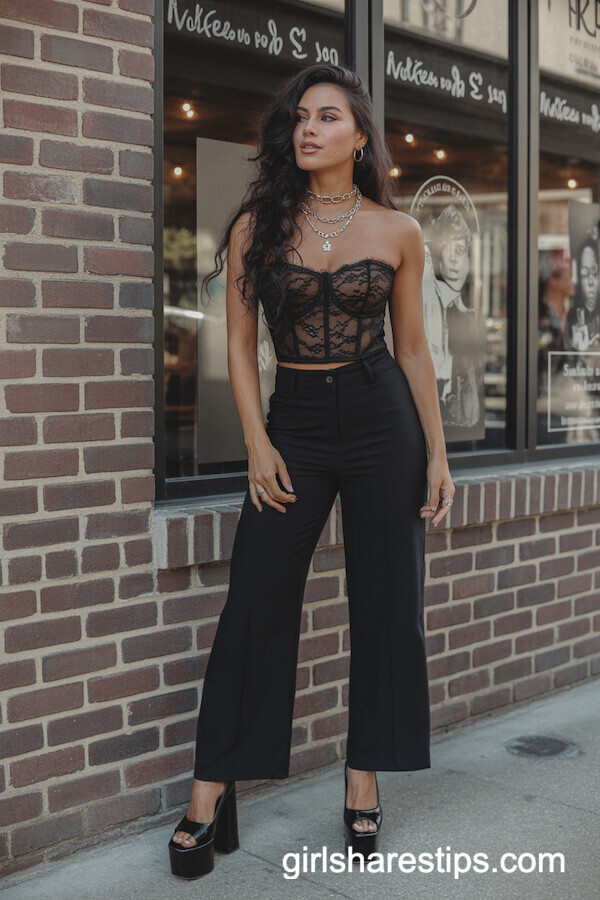 Lace Corset Top with Wide-Leg Pants