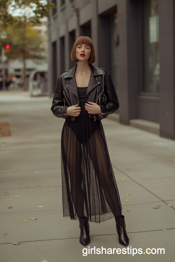 Sheer Maxi Skirt and Leather Jacket