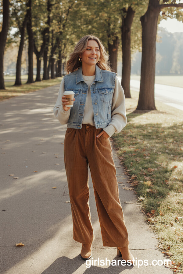 Cream Sweater and Brown Corduroy Pants