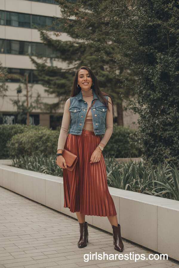 Pleated Midi Skirt with Ankle Boots