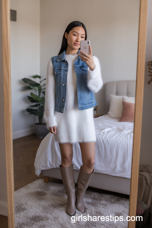 White Sweaterdress with Taupe Boots