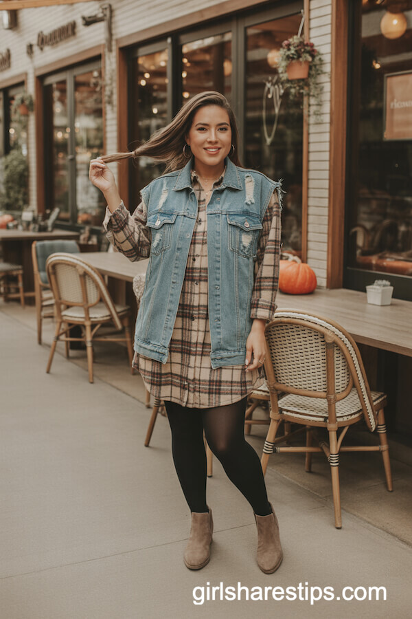 Plaid Shirt Dress with Black Tights