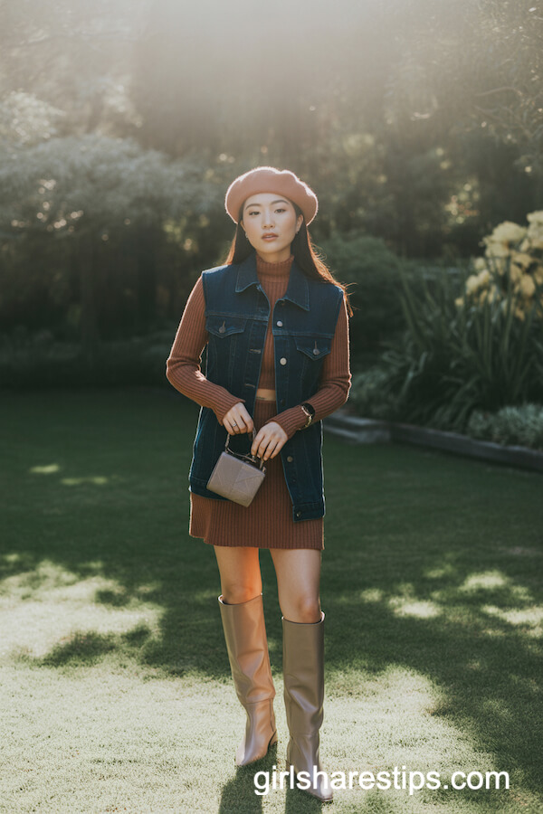 Rust Mini Dress Knee-High Boots