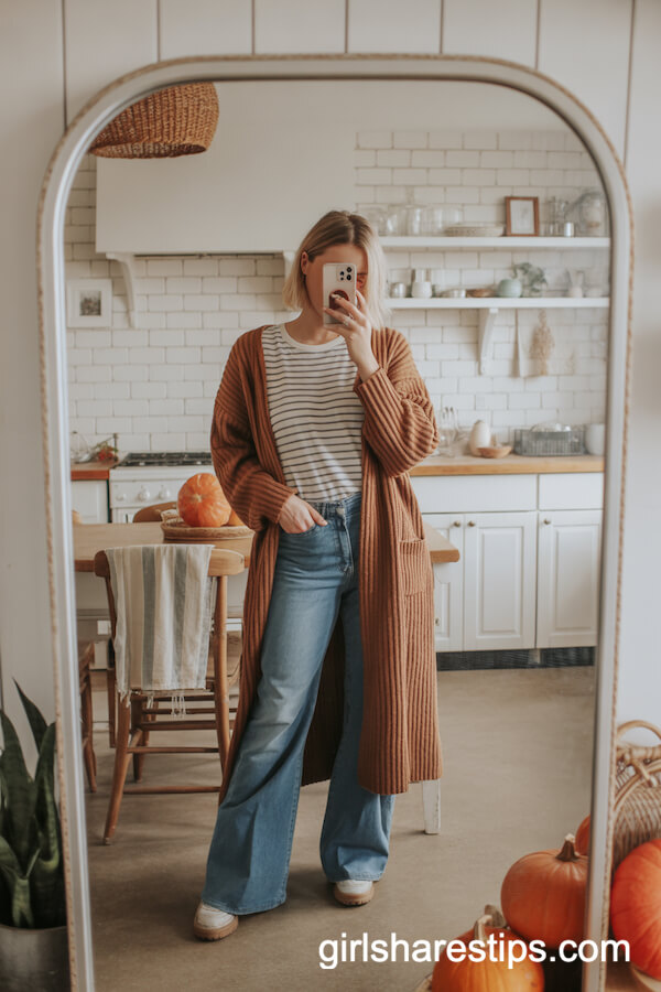 Bootcut Jeans with Long Cardigan and Striped Tee