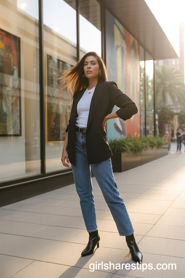 Slim Indigo Jeans with Tailored Black Blazer