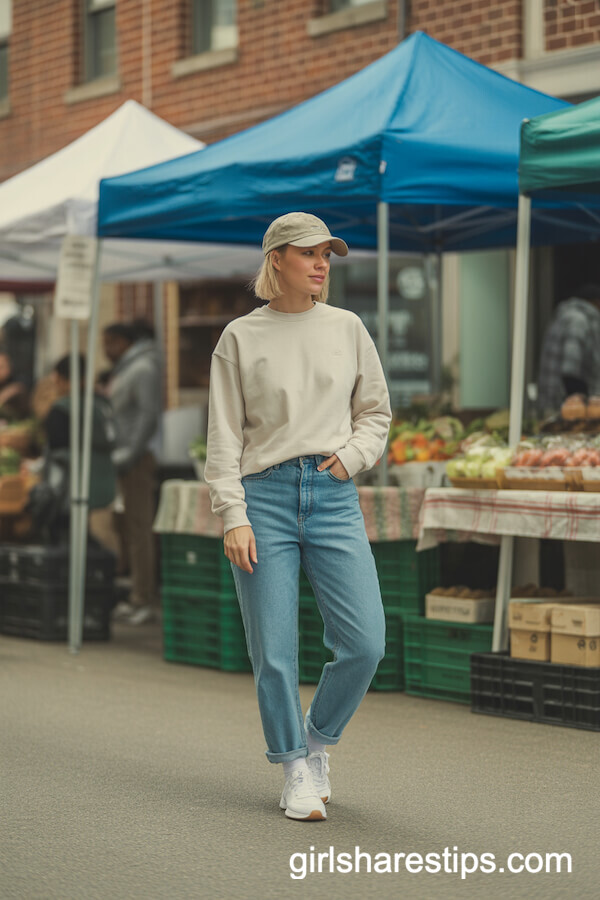 Mid-Wash Straight-Leg Jeans with Basic Sweatshirt