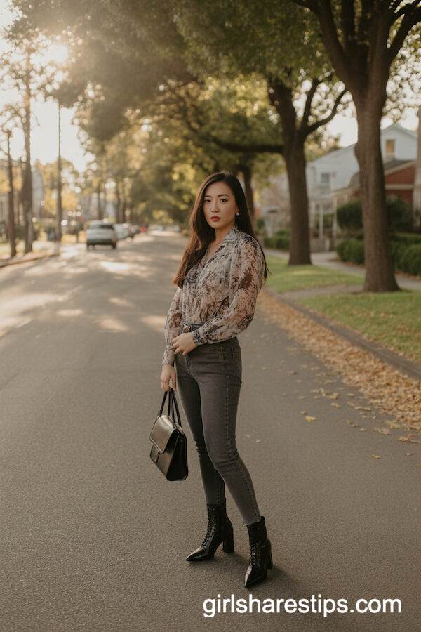 Fitted Grey Jeans with Flowy Printed Blouse