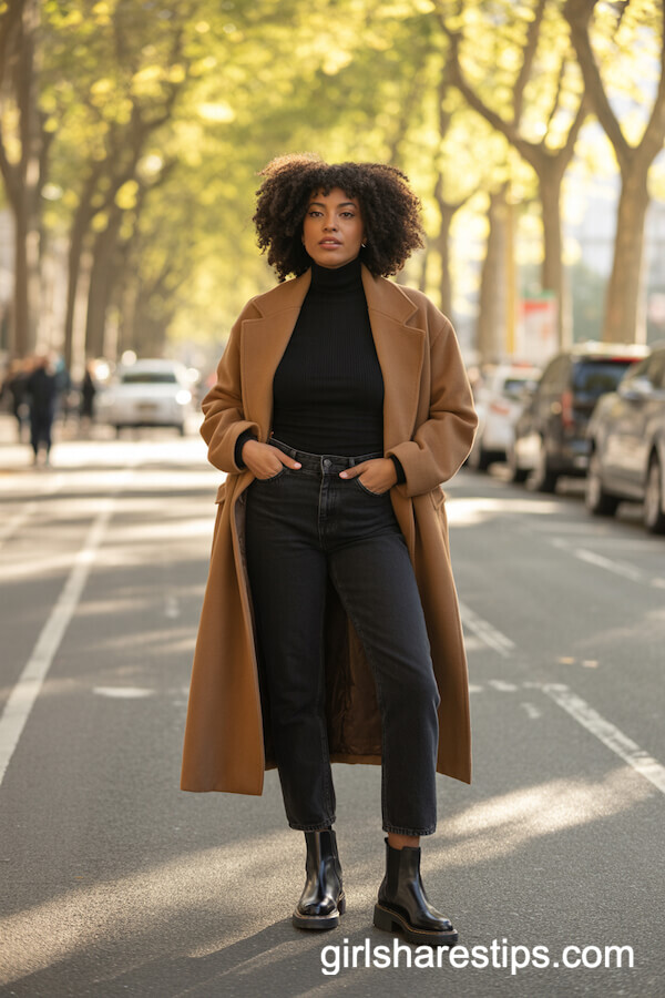 High-Rise Black Jeans with Camel Wool Coat