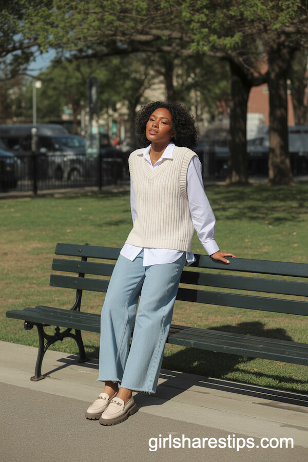 Wide-Leg Jeans with Crisp White Shirt and Knit Vest