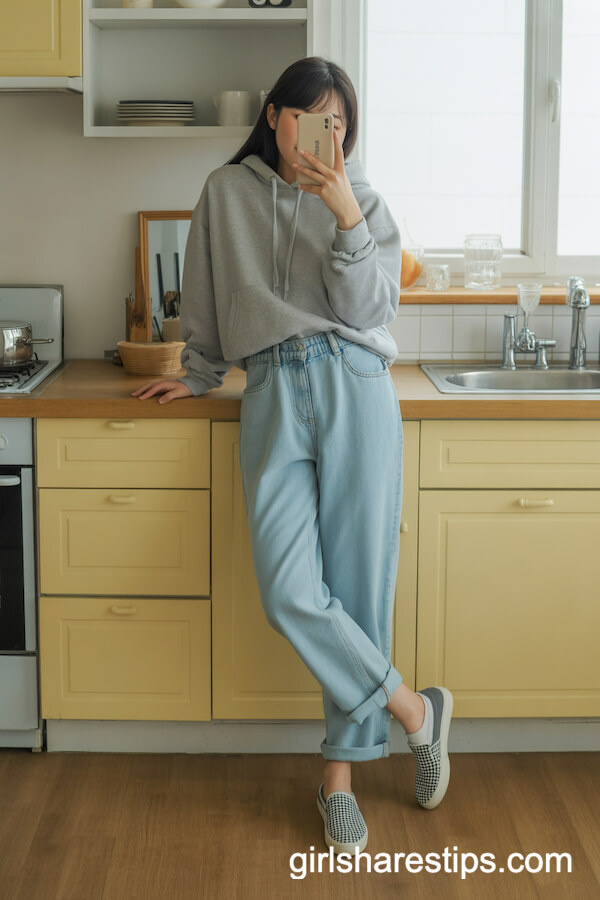 Light Blue Paperbag Jeans with Grey Hoodie