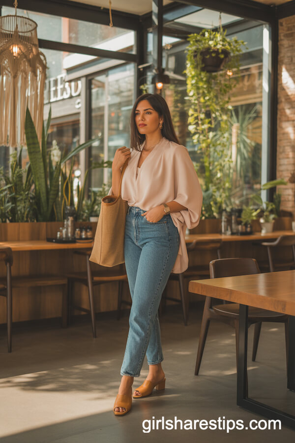 Mid-Wash Raw Hem Jeans with Feminine Blouse