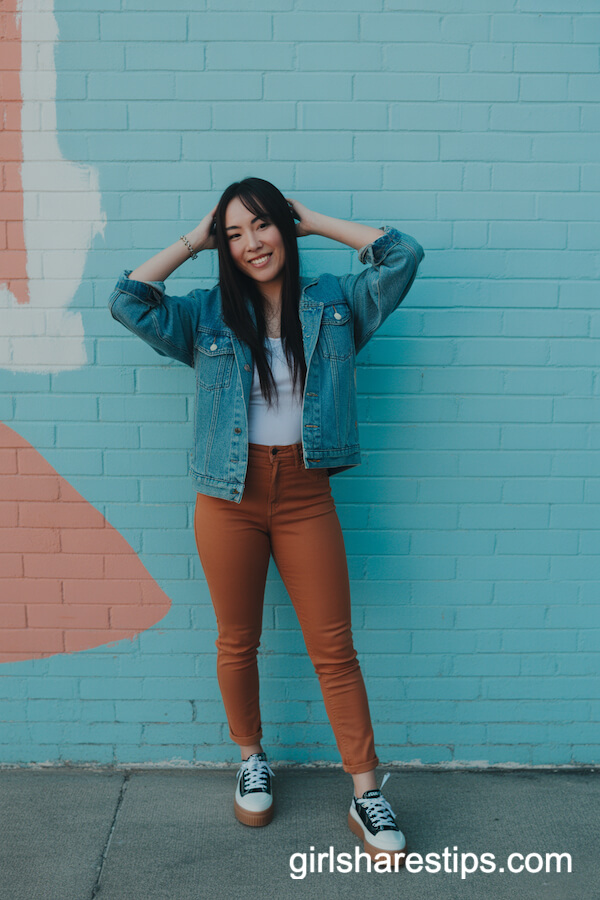 Burnt Orange Skinny Jeans with Denim Jacket