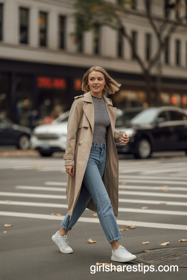 Slim Jeans with Beige Trench Coat and Striped Top