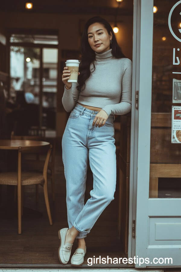 Light-Wash Mom Jeans with Ribbed Turtleneck