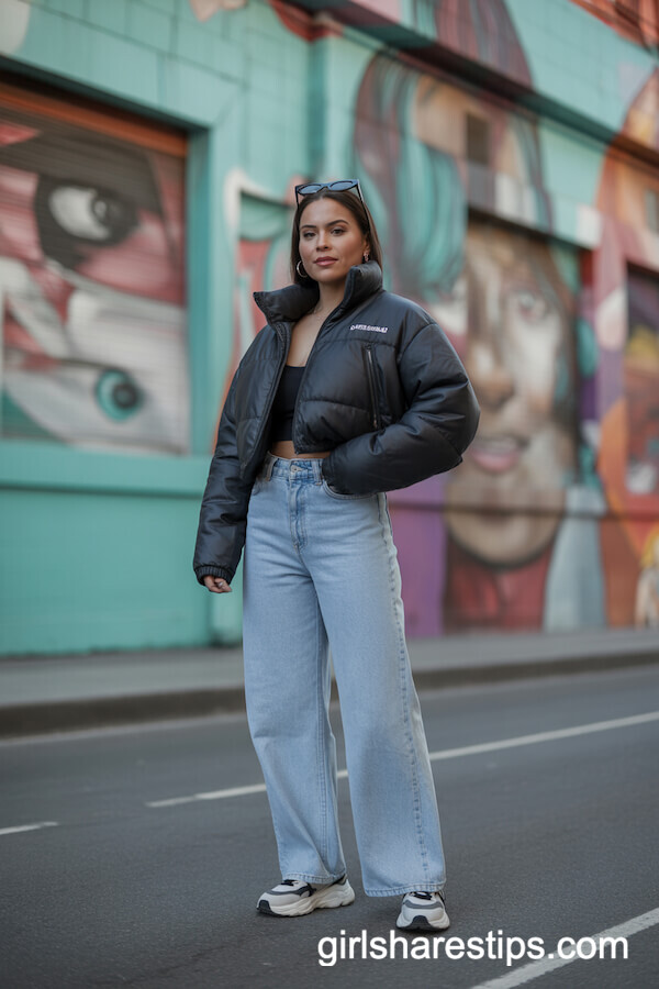High-Rise Wide-Leg Jeans with Cropped Puffer Jacket