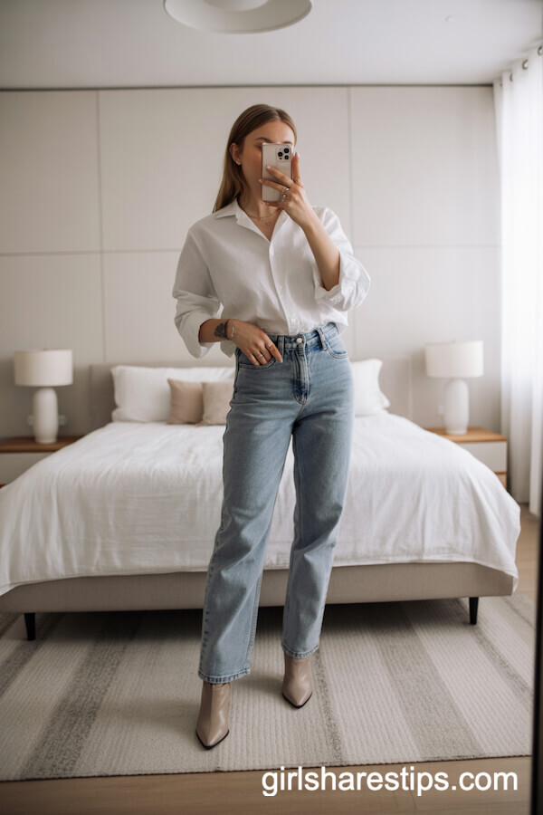 Straight-Leg Jeans with White Button-Down Shirt