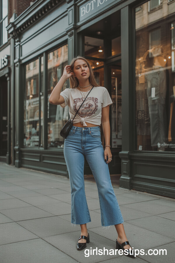 Cropped Flare Jeans with Vintage Graphic T-Shirt