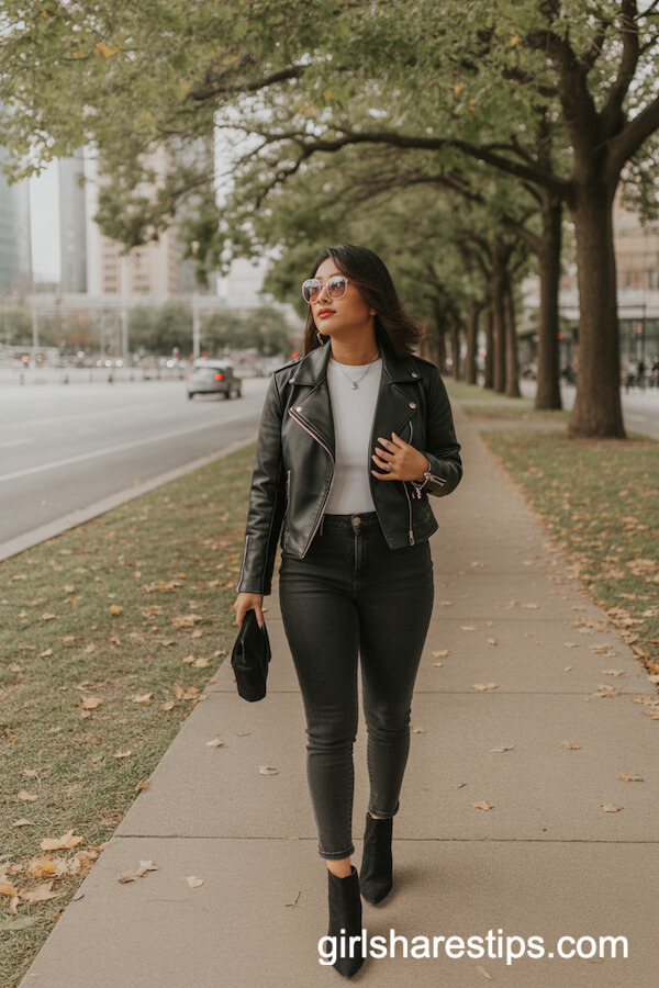 Dark Wash Skinny Jeans with Faux Leather Jacket