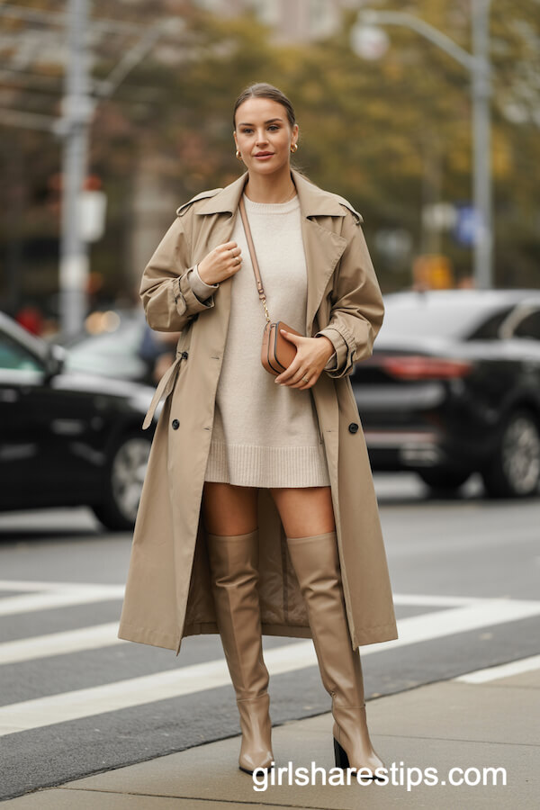 Beige trench coat with cream sweater dress and tan boots
