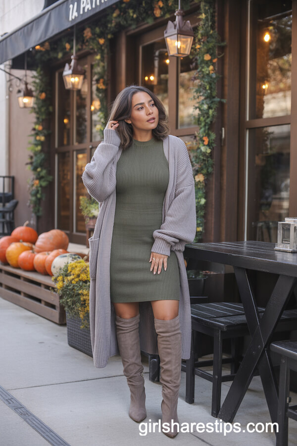 Grey cardigan with olive dress and taupe boots