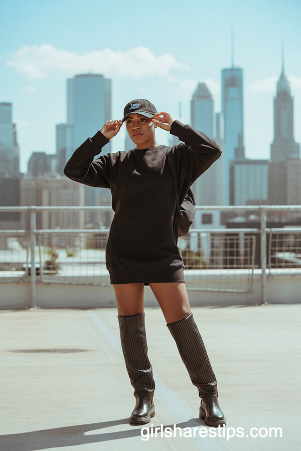 Sporty sweatshirt dress with ribbed boots