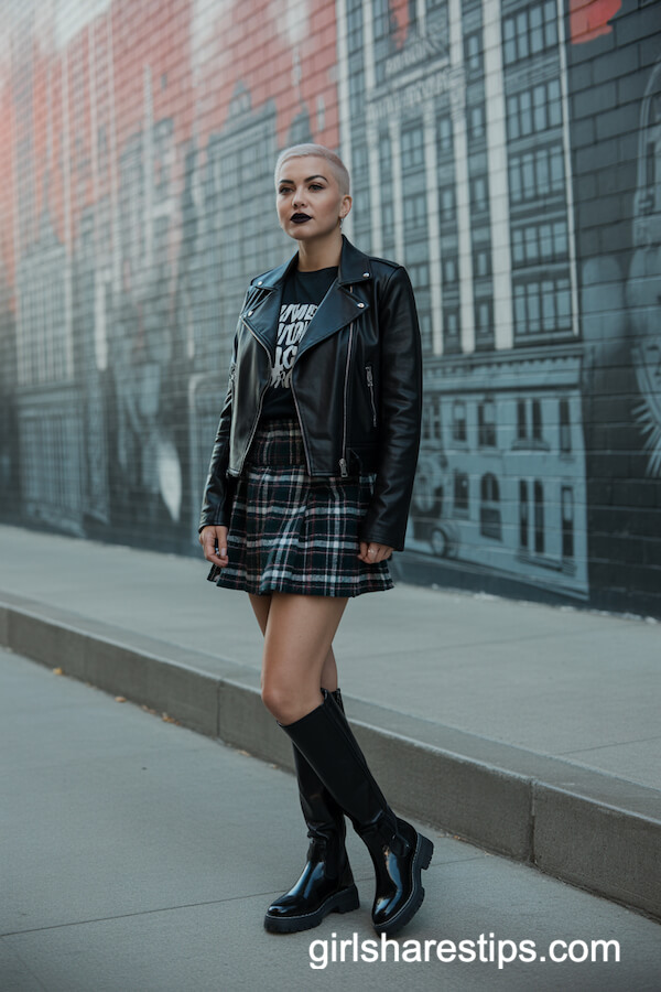 Moto jacket with plaid skirt and flat boots