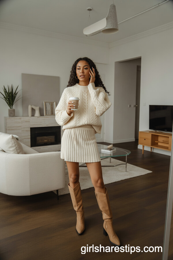 Off-white sweater set with tan boots