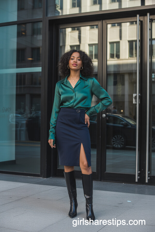 Emerald blouse with navy skirt and black boots