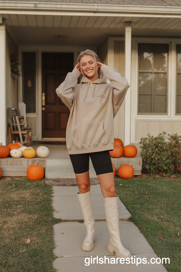 Oatmeal hoodie with biker shorts and cream boots