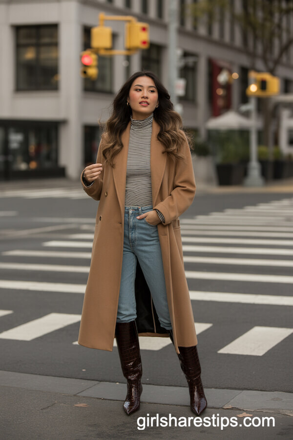 Camel coat with striped turtleneck and croc boots