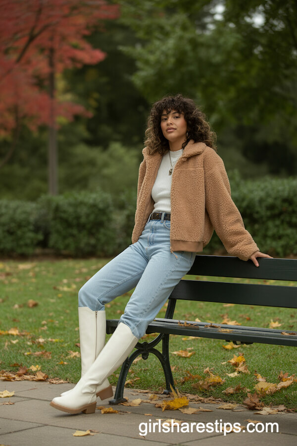Tan shacket with white top and white boots