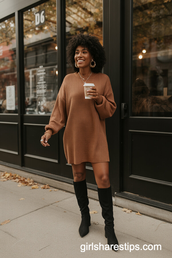 Rust sweater dress with black suede boots