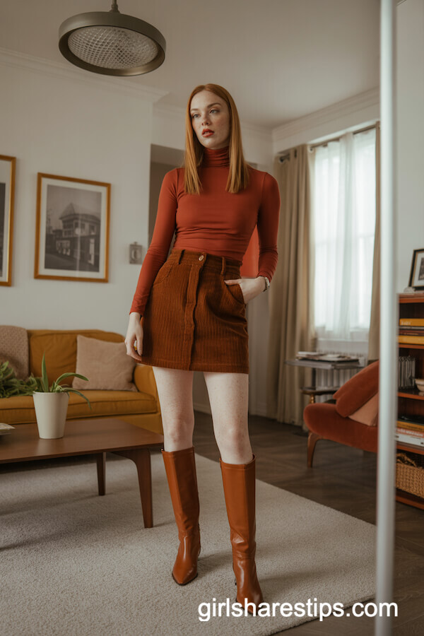 Rust turtleneck with corduroy skirt and cognac boots