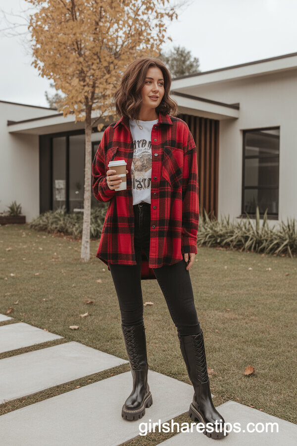 Red plaid overshirt with leggings and lug sole boots