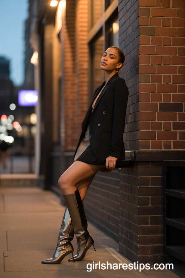 Black blazer dress with metallic knee-high boots