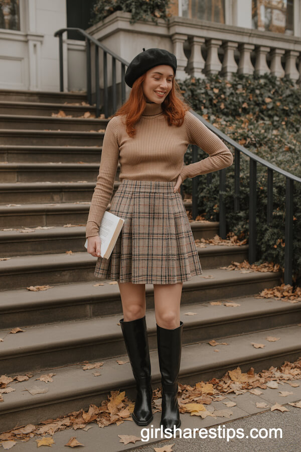 Camel turtleneck with plaid skirt and black boots