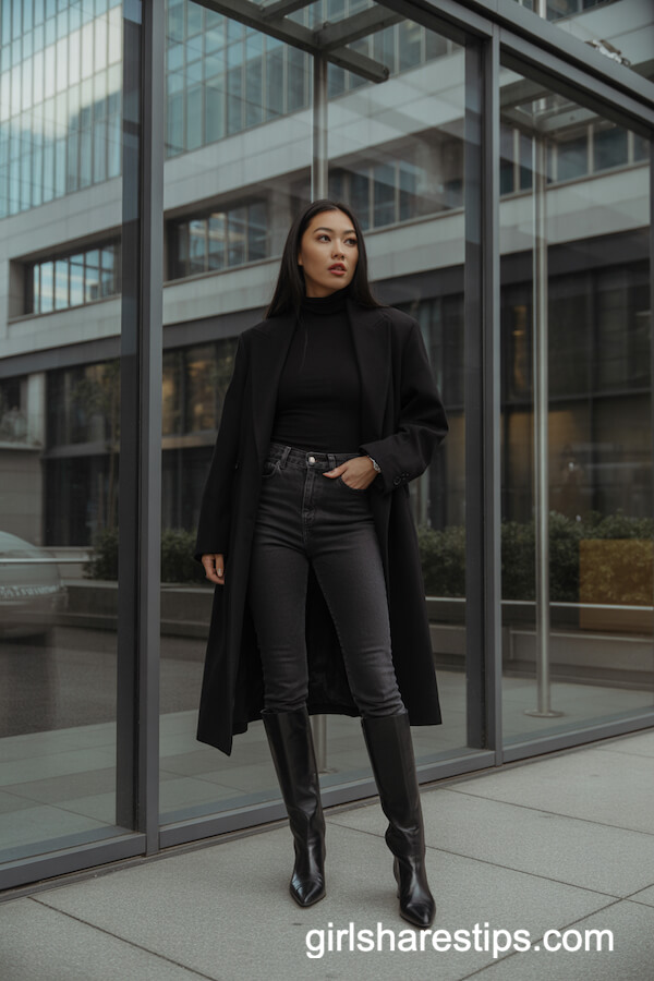 All-black outfit with classic knee-high boots