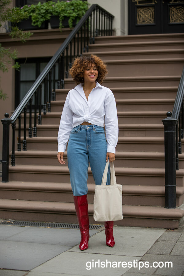 White button-up with jeans and red patent boots