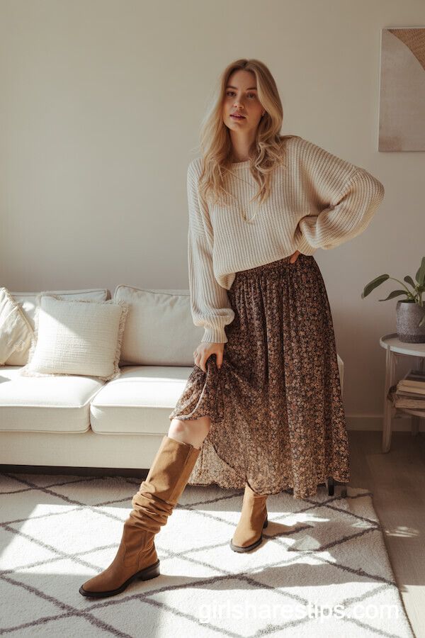 Ivory boho sweater with floral skirt and suede boots