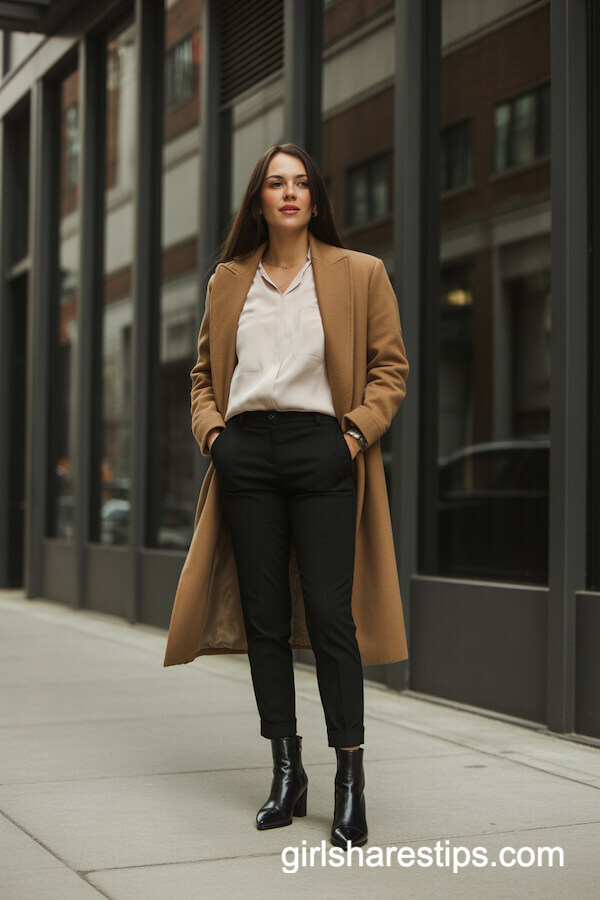 Camel Coat and Black Boots Look
