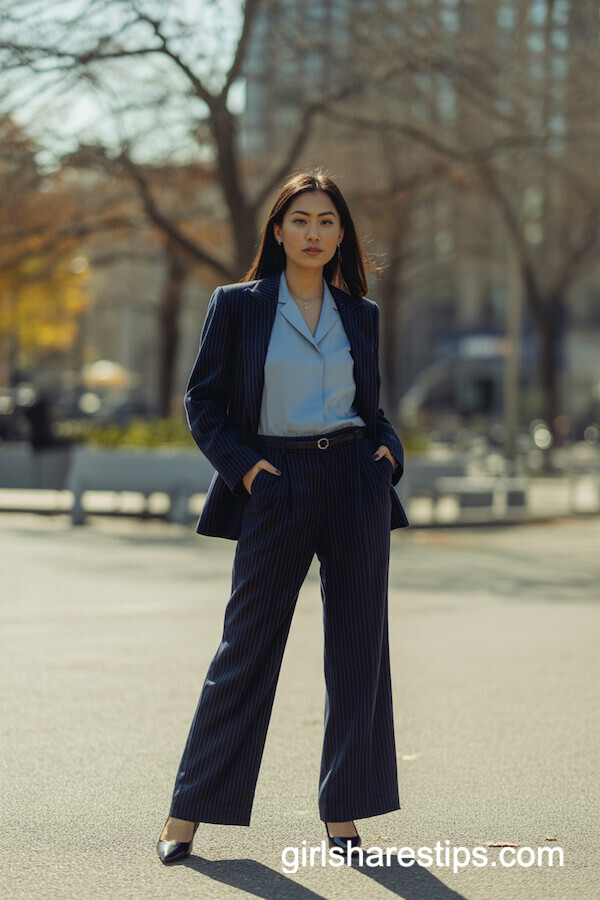 Navy Pinstripe Suit with Pointy Pumps