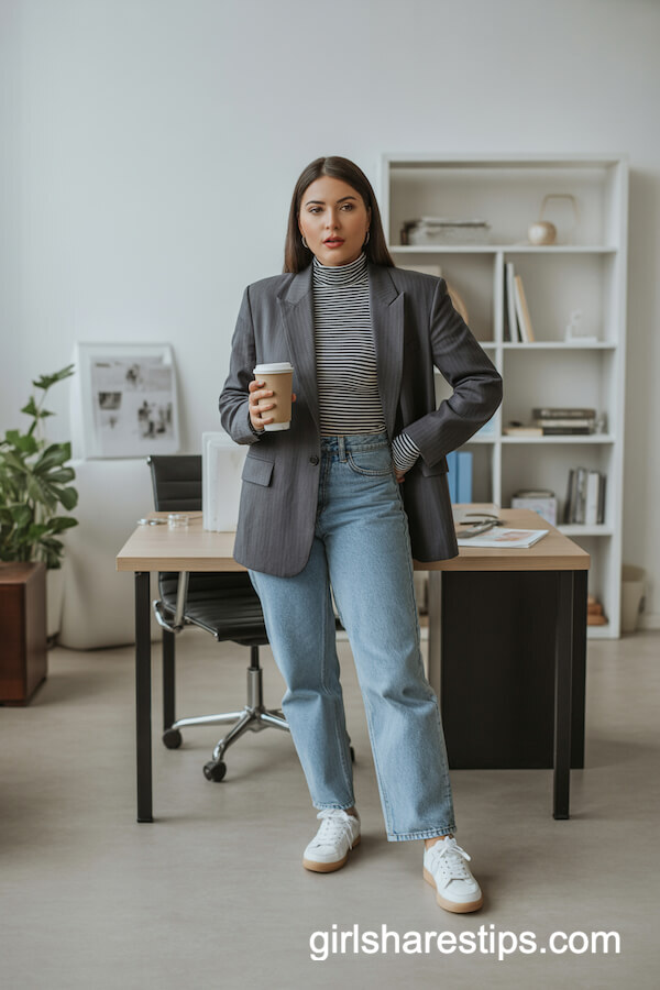 Grey Boyfriend Blazer with Sneakers