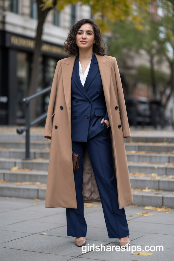 Beige Double-Breasted Coat with Taupe Pumps