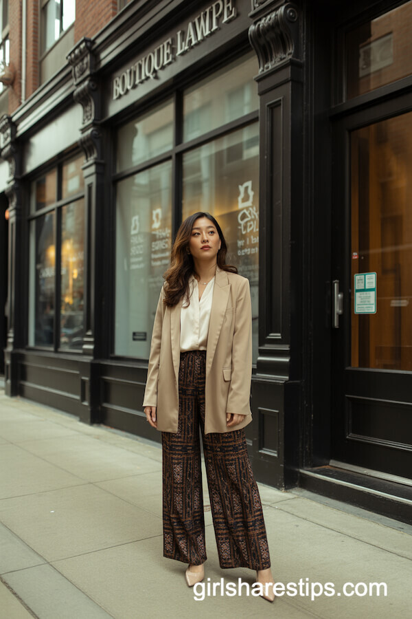 Beige Longline Blazer with Printed Pants