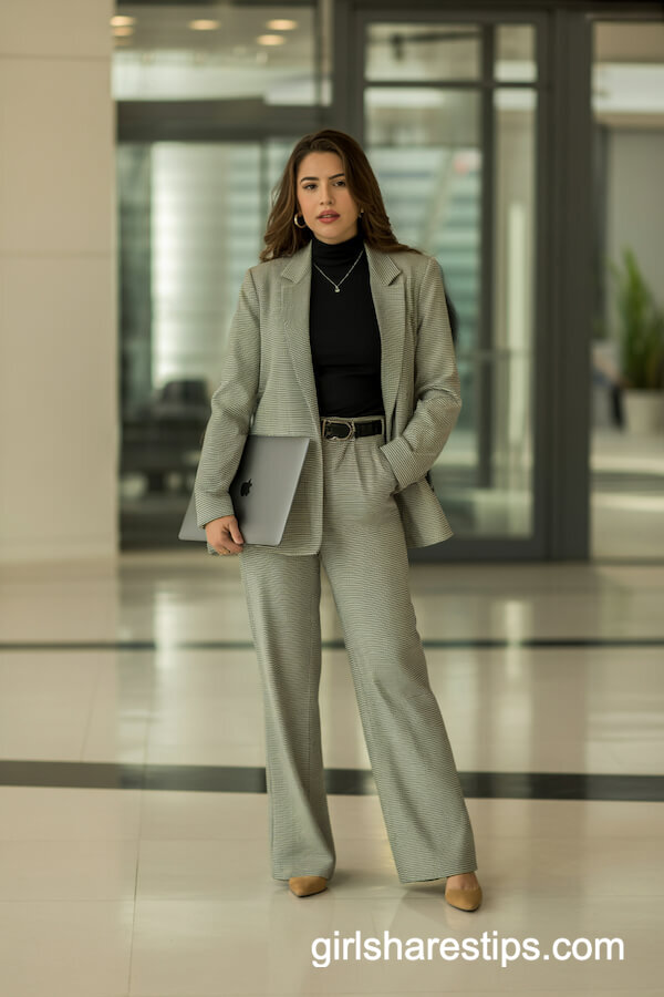 Grey Checked Pantsuit with Tan Heels