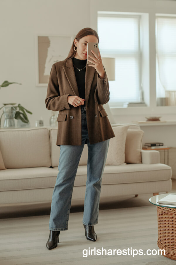 Brown Tweed Blazer with Blue Jeans