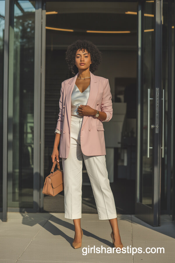 Pink Blazer and Tan Heels