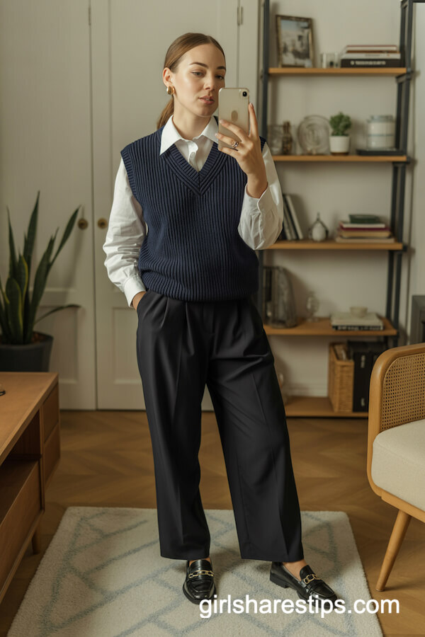 Navy Sweater Vest and Loafers