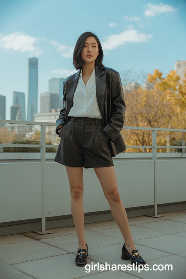Black Leather Blazer with White Blouse & Tailored Shorts